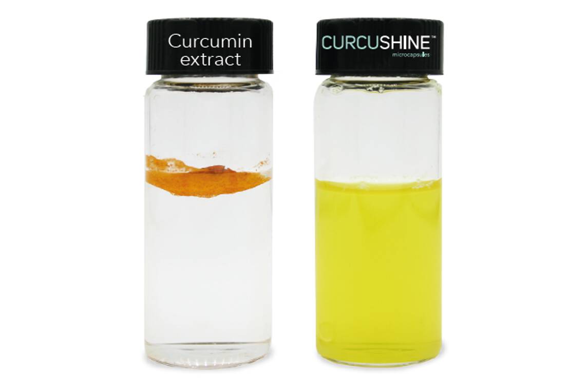 Der reine Curcumin-Extrakt ist in Wasser nahezu unlöslich (links), während das optimierte Produkt die gewünschte Löslichkeit zeigt (rechts). (Copyright: Sphera)