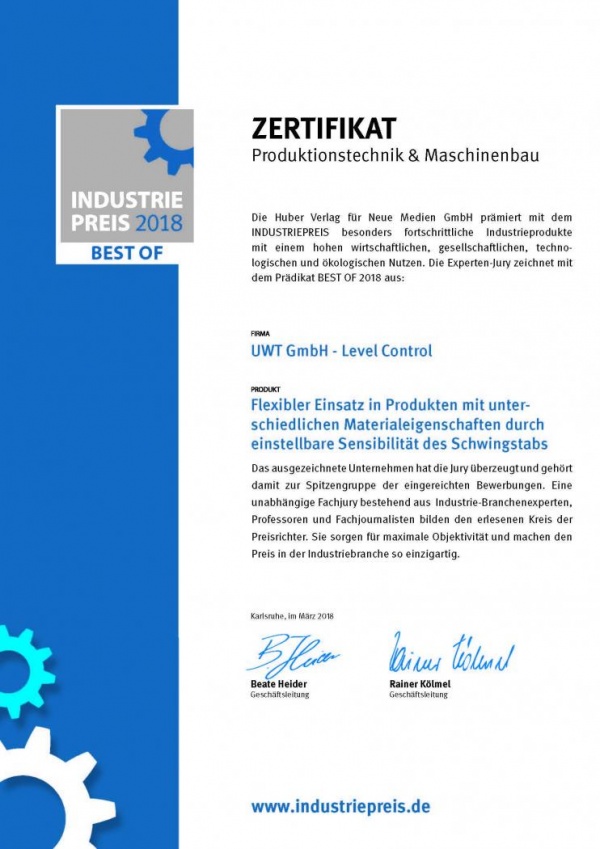 Zertifikat Industriepreis 2018
