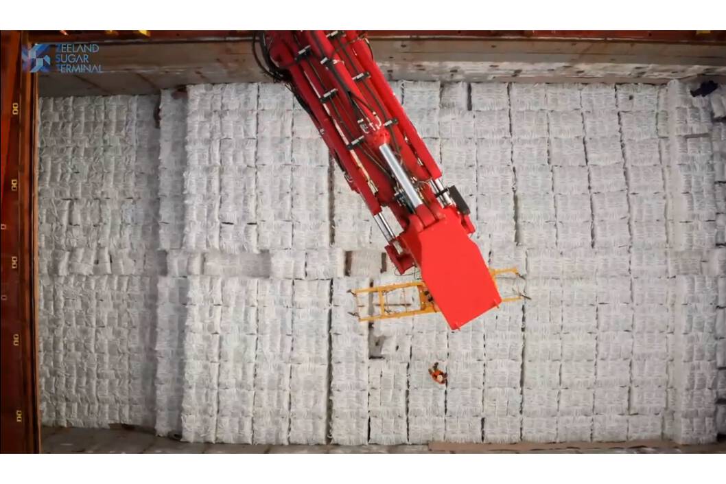 Zeeland Sugar Terminal SYMACH Palettieranlage Sling Bags im Laderaum eines Breakbulk-Schiffes