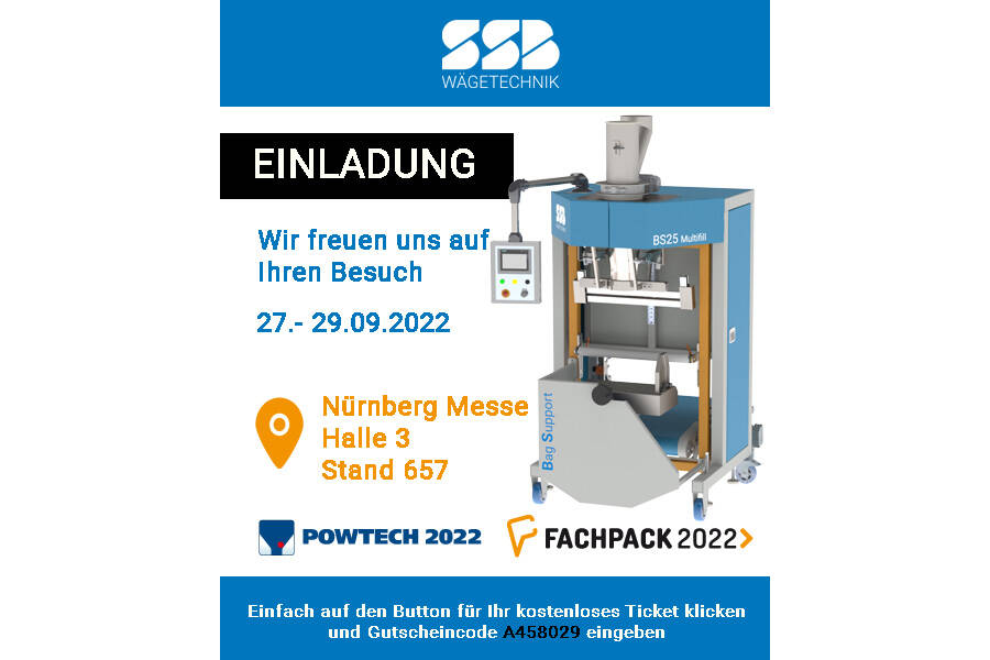 SSB Wägetechnik lädt ein zur Powtech 2022 Ihre Einladung zur Powtech/ Fachpack 2022 in Nürnberg - kostenlose Tickets. Wir freuen uns auf Ihren Besuch