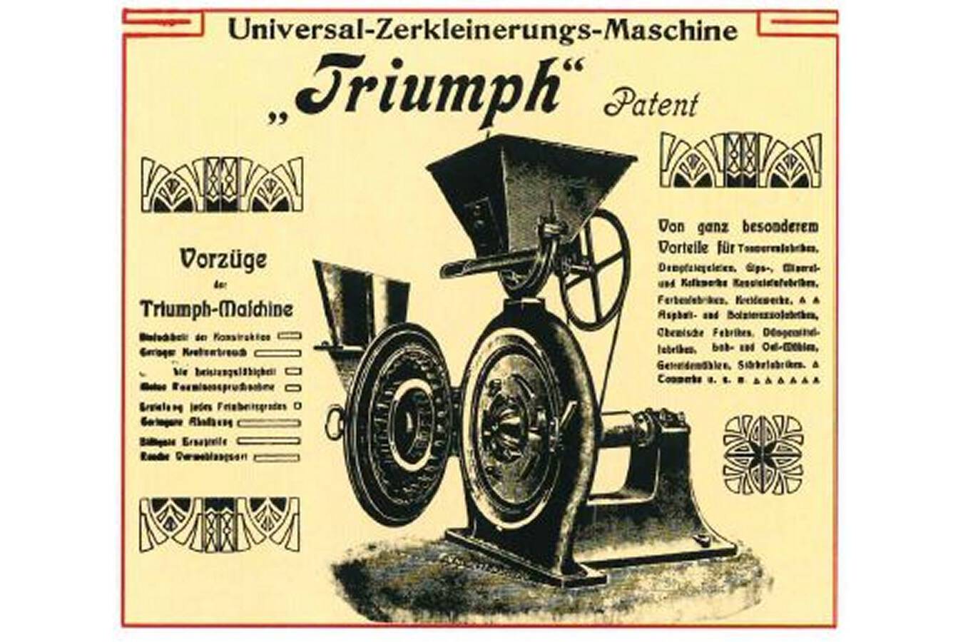 The first verifiable patent from company founder Otto Holzhäuer in 1903 was for the “Triumph” universal shredder.