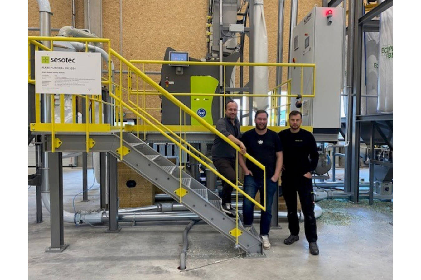 The two managing directors of Mission PET, Markus Huemer and Daniel Pichler (pictured left and centre), rely on the innovative sorting technology from Sesotec and the expertise of Dominik Ebner, Sesotec Regional Sales Manager (pictured right).